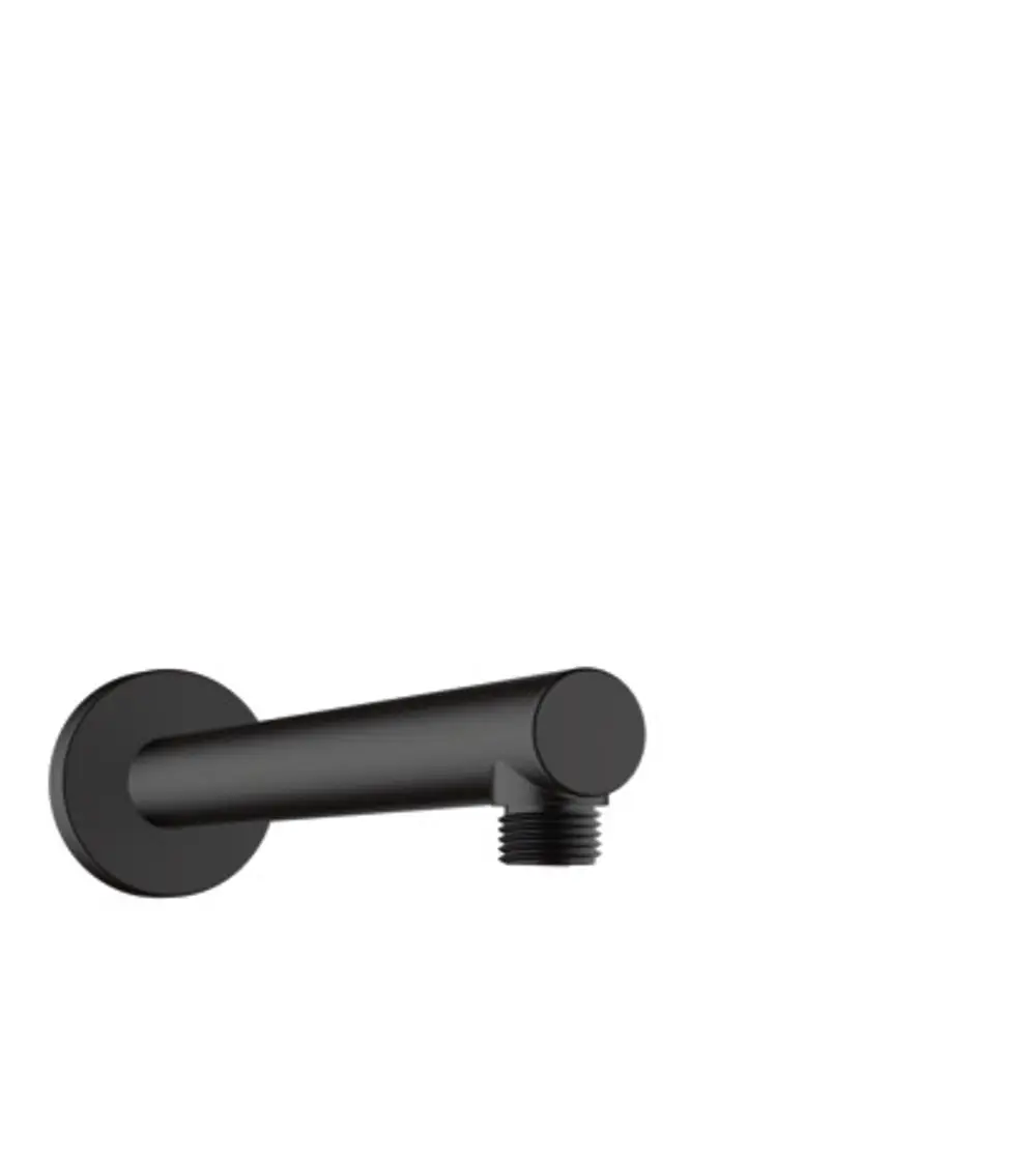 Schwarzer Brausearm von Hansgrohe, mit einem Anschluss für eine Brause, an einer Wand montiert. Ergonomisches Design mit schlanker, runder Form.